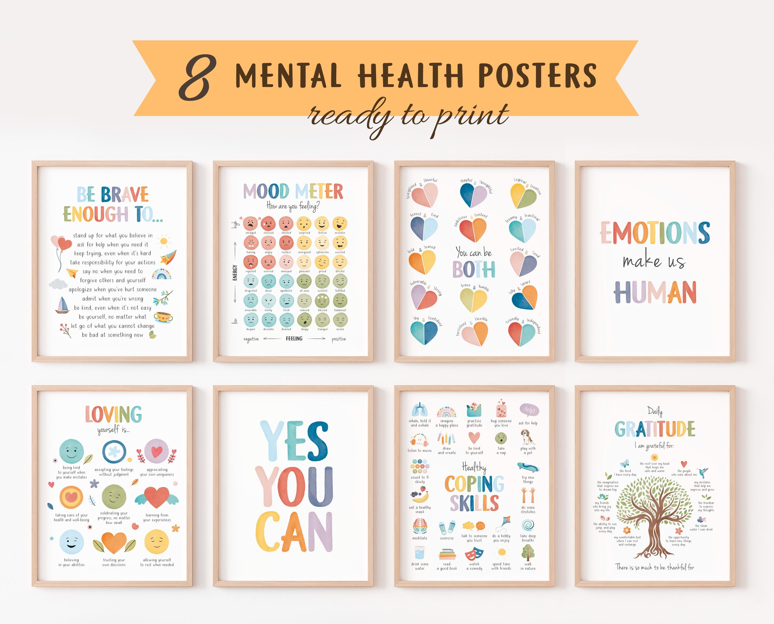 Set di 8 poster sulla salute mentale, decorazione da parete per ufficio di terapia, consulente scolastico, assistente sociale, angolo della calma, ter