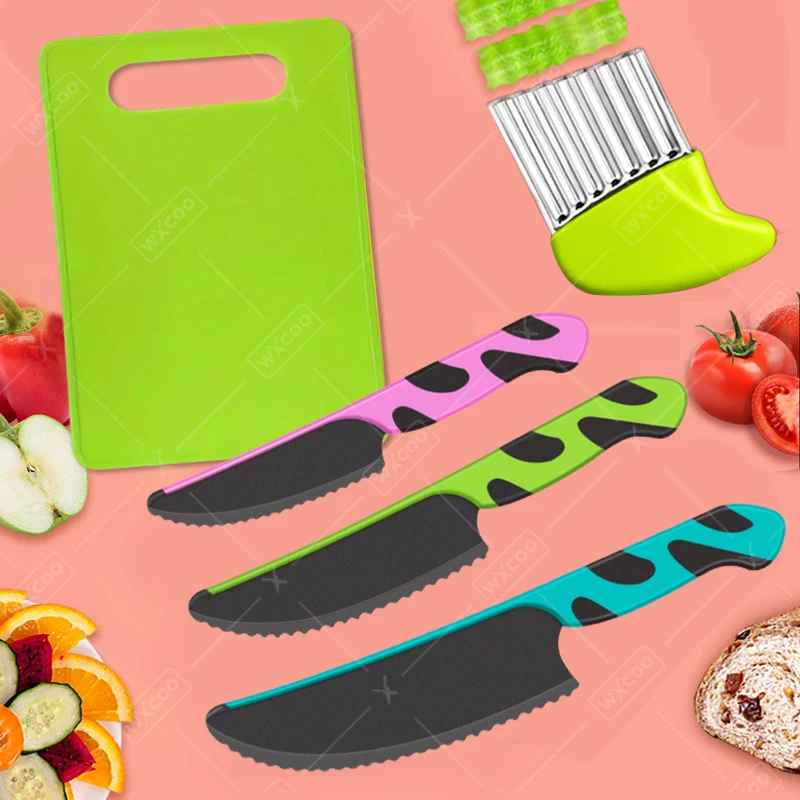 WXCOO Kinder-Küchenmesser, Kinder-Kochmesser-Set aus Kunststoff, Kinder-Schneidebrett für Kleinkinder, echtes Kochen, kindersichere Messer Image
