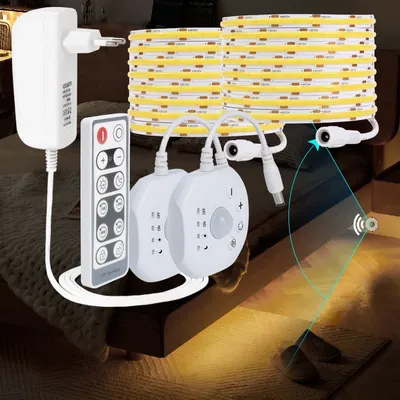 Under Bed Cabinet Light Remote Dimmable PIR Motion Sensor Day Night Light Strip kit for Bed Stairs Corner Passageway Warehouse
