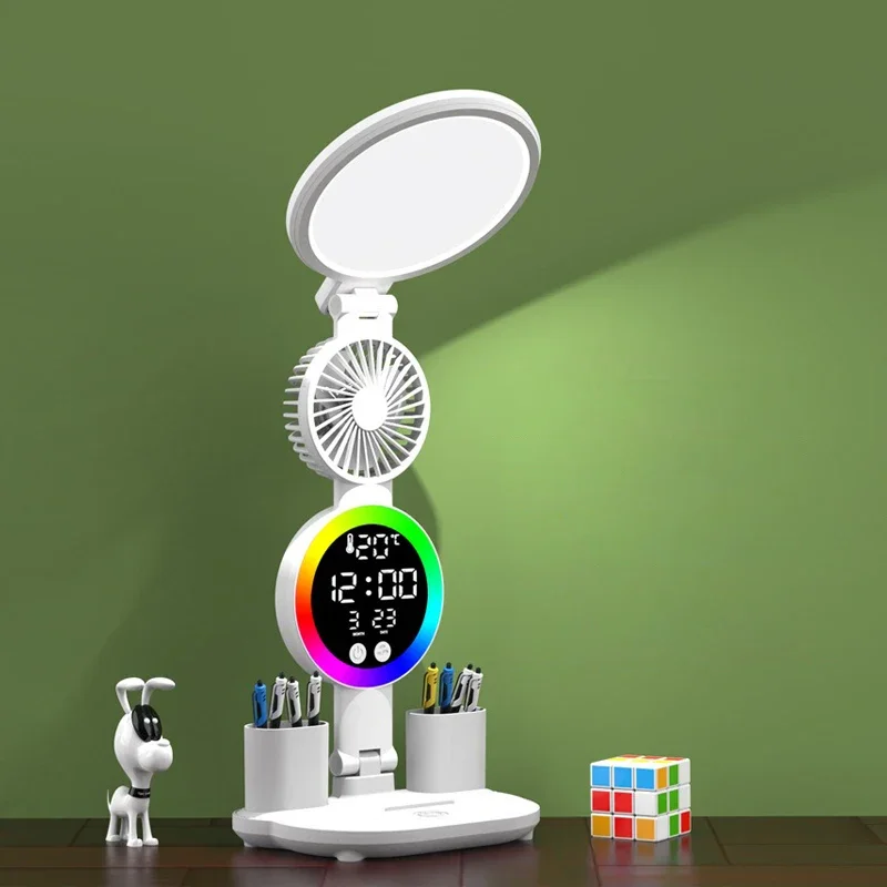 Wiederaufladbare Tischlampe für Arbeitszimmer, Schreibtischlampe, Leselicht, LED-Tischleuchte mit Ventilator, LED-Leselampe mit Uhrendisplay