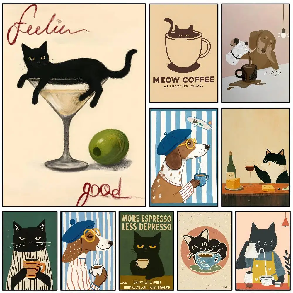 Boho Minimalist Cartoon Hund Katze Café Poster HD klebrige Wand wasserdicht Zuhause Wohnzimmer Schlafzimmer Wohnheim Bar ästhetische Dekoration Image