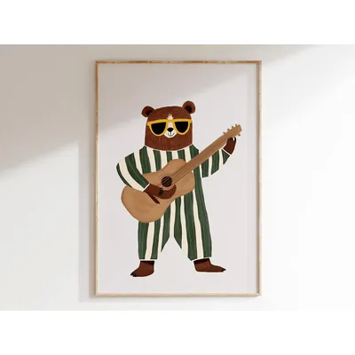 Retro Guitar Bear Print | Cool Animal Wall Art for Kids Room Musical Nursery Decor Boys Room Poster Digital Download Print