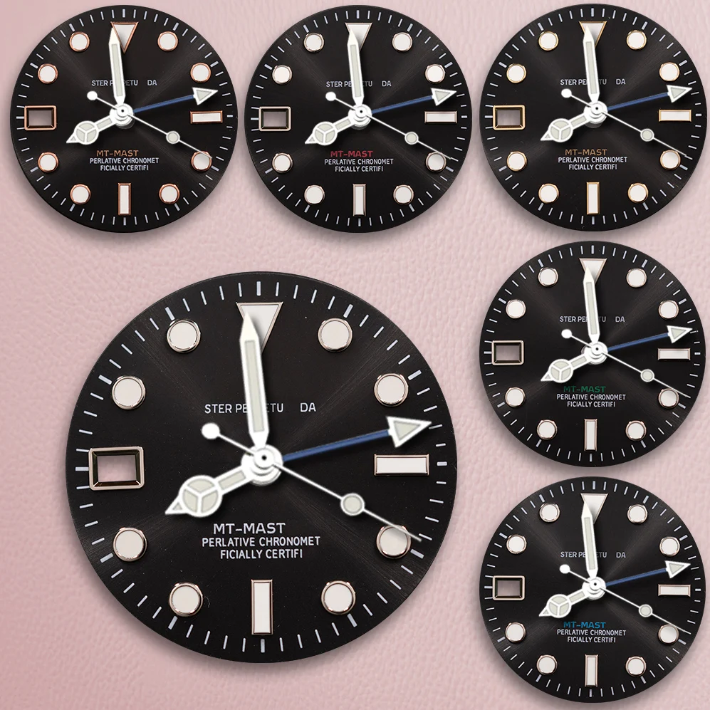 S-Logo, 28,5 mm GMT-Zifferblatt, schwarzes Sonnenzifferblatt, 9-Uhr-Kalender, passend für NH34-Uhrwerk, eisblaues, leuchtendes Uhrenmodifikationszubehör ﻿ Image
