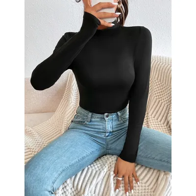 Women's Plain Mock Neck Tight Long Sleeve Tee, Casual Long Sleeve T-Shirt for Fall and Winter, Women's Clothes for Daily Wear