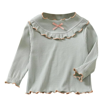 Thetops Toddler Girl Cotton Long Sleeve Top - 3-4T Gray Ruffled Collar with Bow Soft Breathable Casual Kids Shirt for Daily Wear