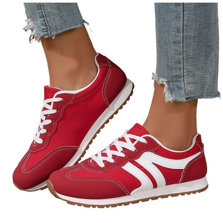 Dakaela Sneakers for Women Leather Suede Patchwork Non Slip Casual Walking Shoes Gym Tennis Running Wide Toe Box Shoes Red 8