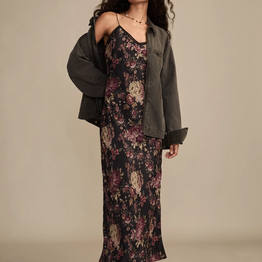 Lucky Brand Ruched Printed Slip Midi Dress - Women's Clothing Dresses Shirt Midi Dress in Black Floral, Size S