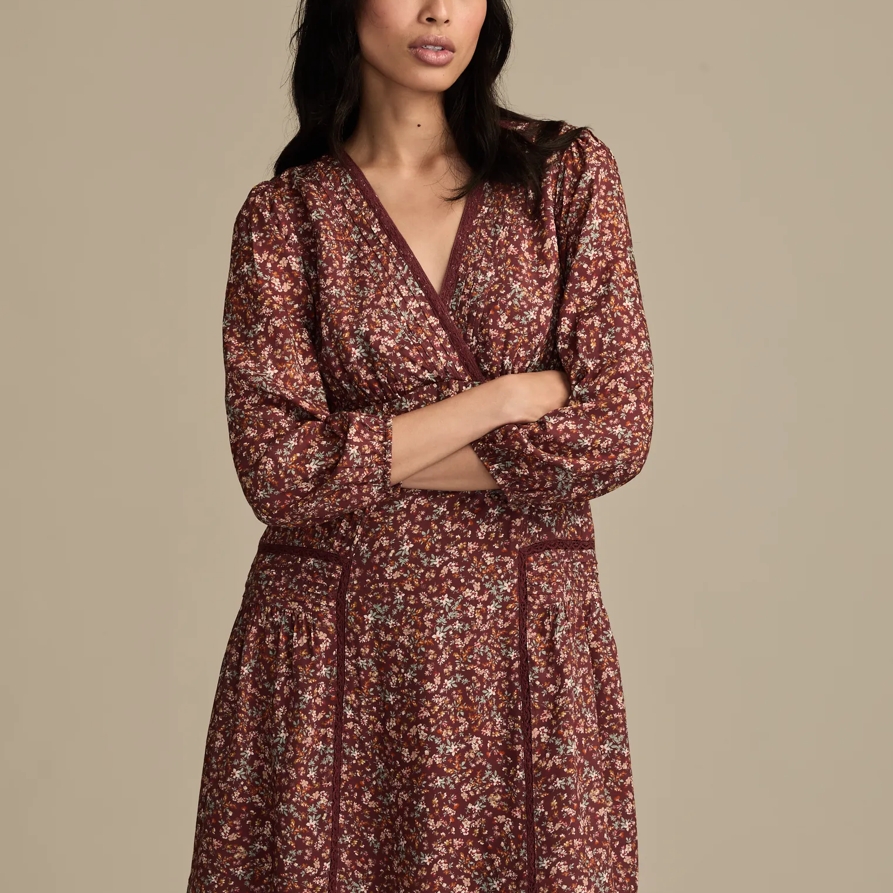 Lucky Brand 3/4 Sleeve V-Neck Mini Dress - Women's Clothing Dresses Mini Dress in Brown Multi, Size XS