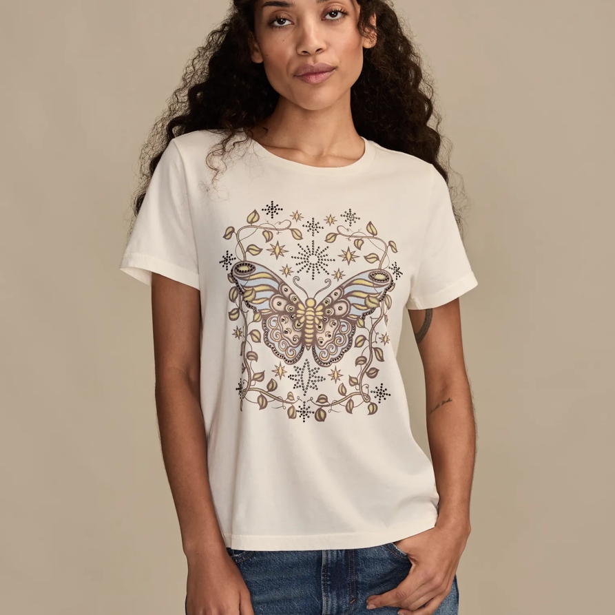 Lucky Brand Embellished Butterfly Classic Crew in Canoli Cream, Size XL