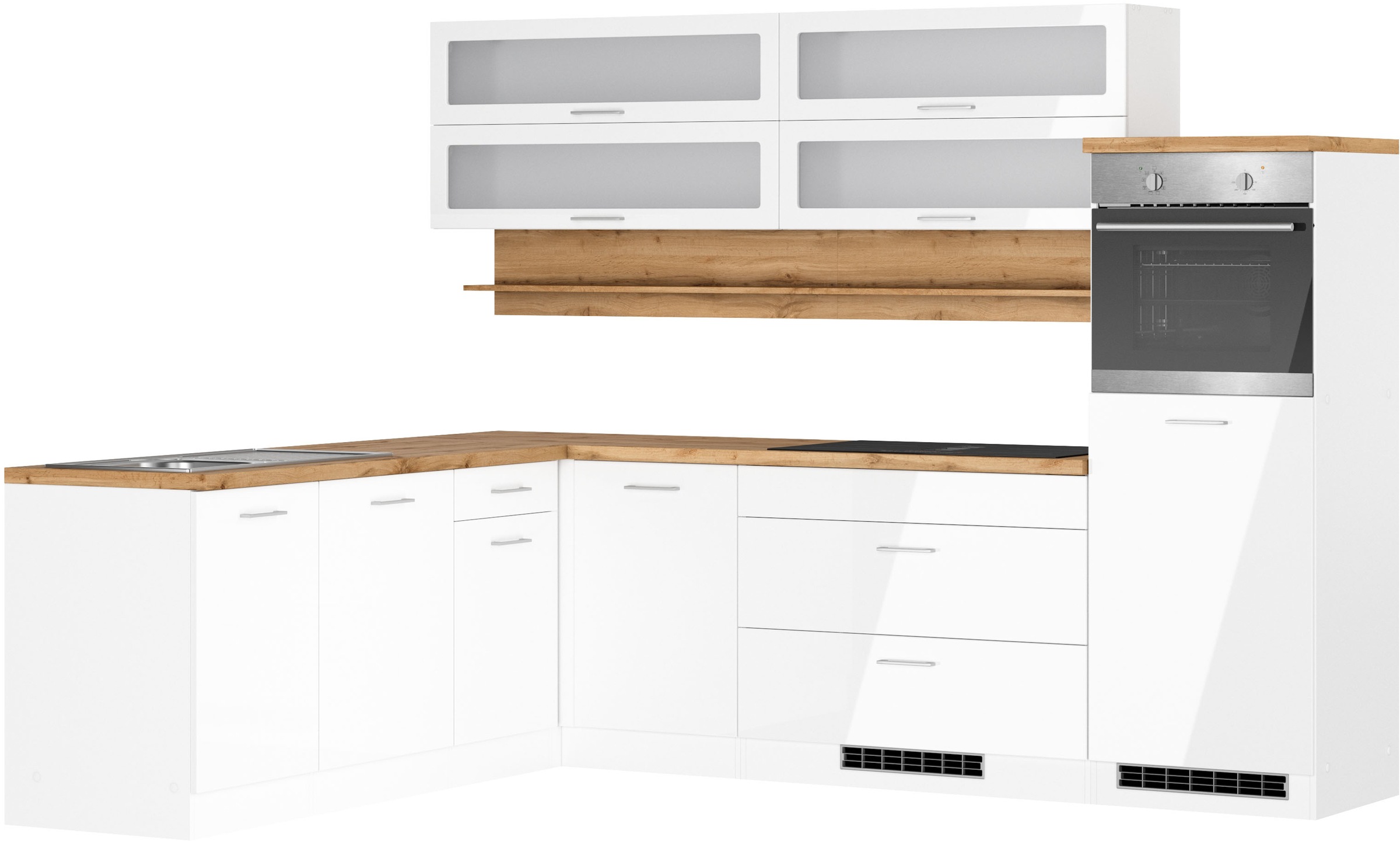Winkelküche KOCHSTATION "KS-Milan, optional mit Muldenlüfter", küche: weiß, front: weiß hochglanz, korpus: weiß matt, arbeitsplatte: wotaneichefarben, B:270cm H:166cm T:60cm, Komplettküchen-Sets, Stellbr.270/220 cm, wahlweise mit E-Geräten, Kochfeld... Image