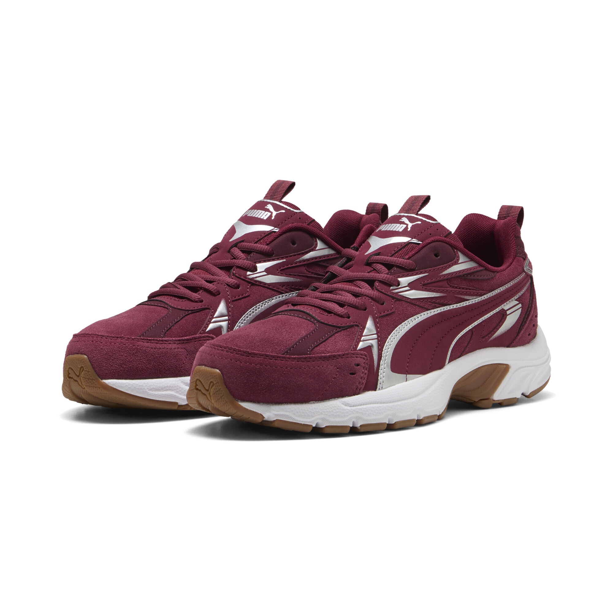 Sneaker PUMA "Milenio Tech Sneakers Erwachsene", Damen, Gr. 45, team regal rot silber ruby shimmer metallic, Obermaterial: Textil, Kuhleder, Synthetik; Futter: Textil; Innensohle: Textil; Laufsohle: Gummi, Schuhe Sneaker