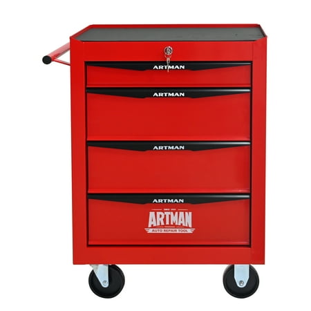 Rolling Metal Tool Chest with 4 Drawers 20 4-Drawer Tool Chest Cabinet with Ball Bearing Drawer Slides Steel Tool Storage Box Organizer -Red&Black