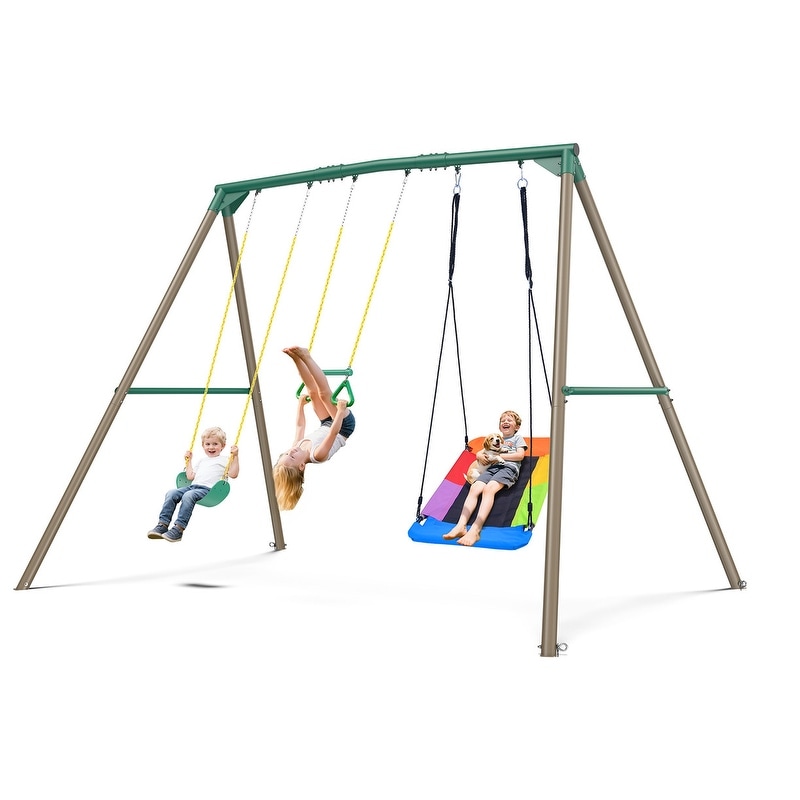 9.5' Tall Heavy Duty Metal Swingset Outdoor for Backyard