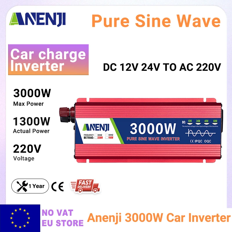 ANENJI 3000w/1000W onduleur de voiture onduleur à onde sinusoïdale Pure 12V24V à AC 220V voiture Micro onduleur convertisseur de tension transformateur