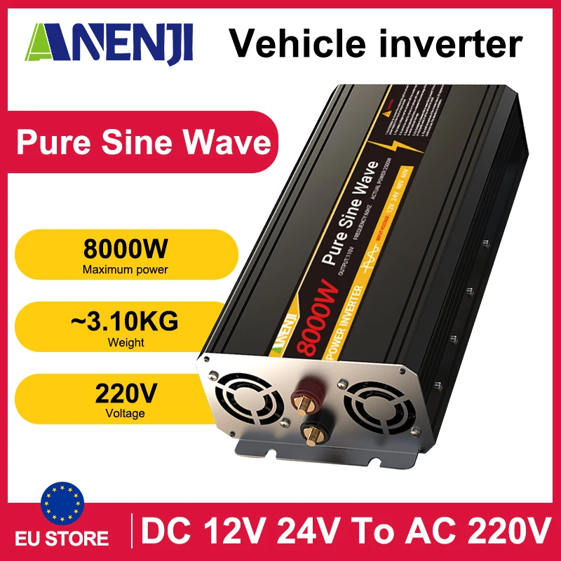 ANENJI onduleur à onde sinusoïdale Pure 8KW onduleur de véhicule DC 12V 24V à AC 220V convertisseur de tension de puissance onduleur solaire de voiture pour RV SUV