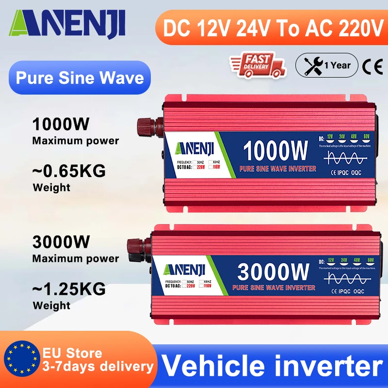 ANENJI onduleur de puissance à onde sinusoïdale Pure 1000W 3000w onduleur de voiture 12V 24V à 220V convertisseur de tension ca Micro onduleur de voiture