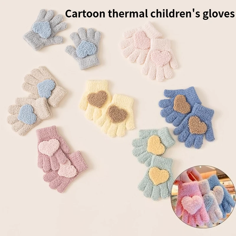 Heiße verkaufende warme Winterhandschuhe für Kinder, dicke Strickhandschuhe, Fünf-Finger-Split, kältebeständig, herzförmige Cartoon-Handschuhe Image