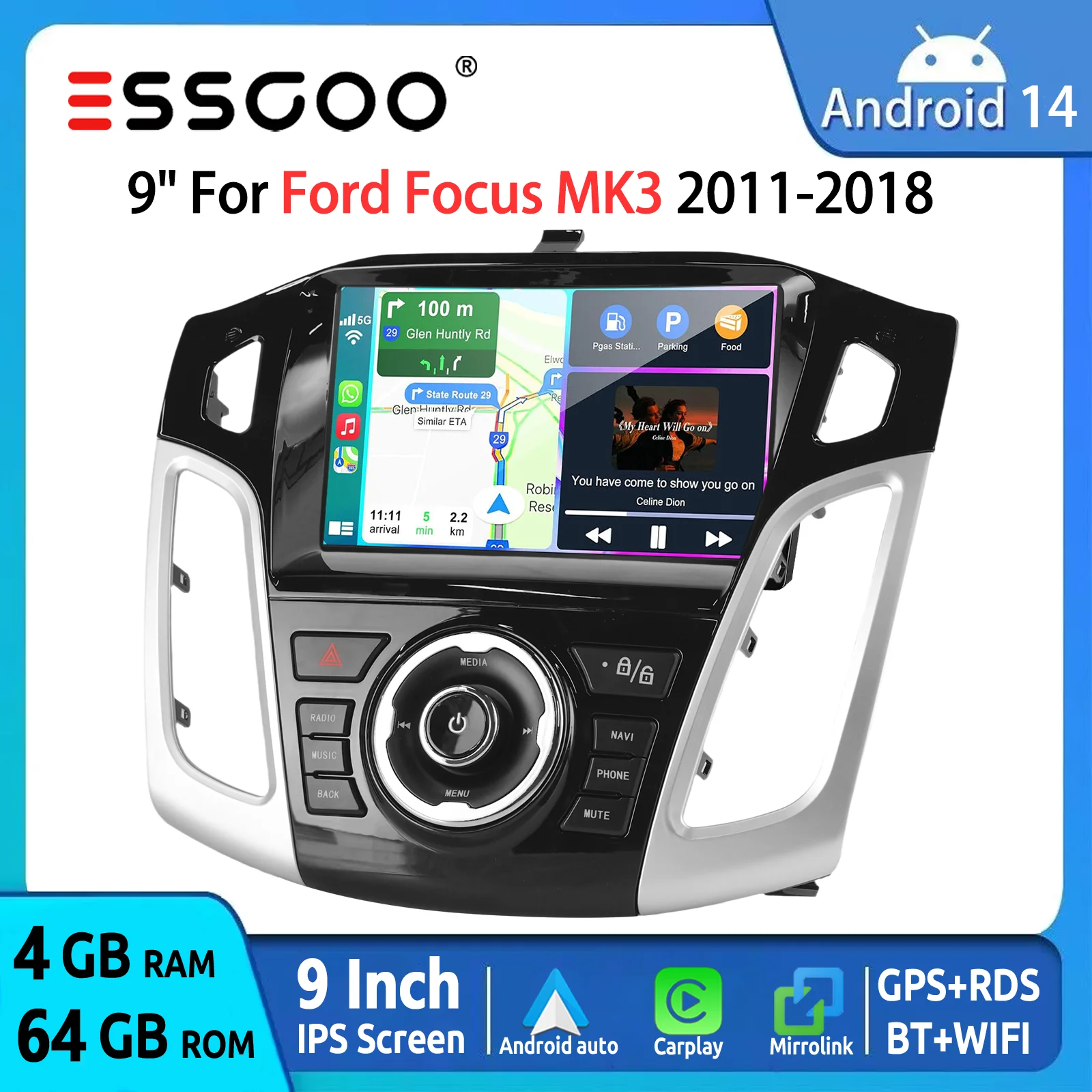 ESSGOO Android 15 Autoradio 9" 64 GB für Ford Focus MK3 2011-2018 - Wireless CarPlay Android Auto GPS Navigation KI-Sprache ChatGPT Lenkradfernbedienung FM WiFi RDS Bluetooth USB Mirror Link IPS Image