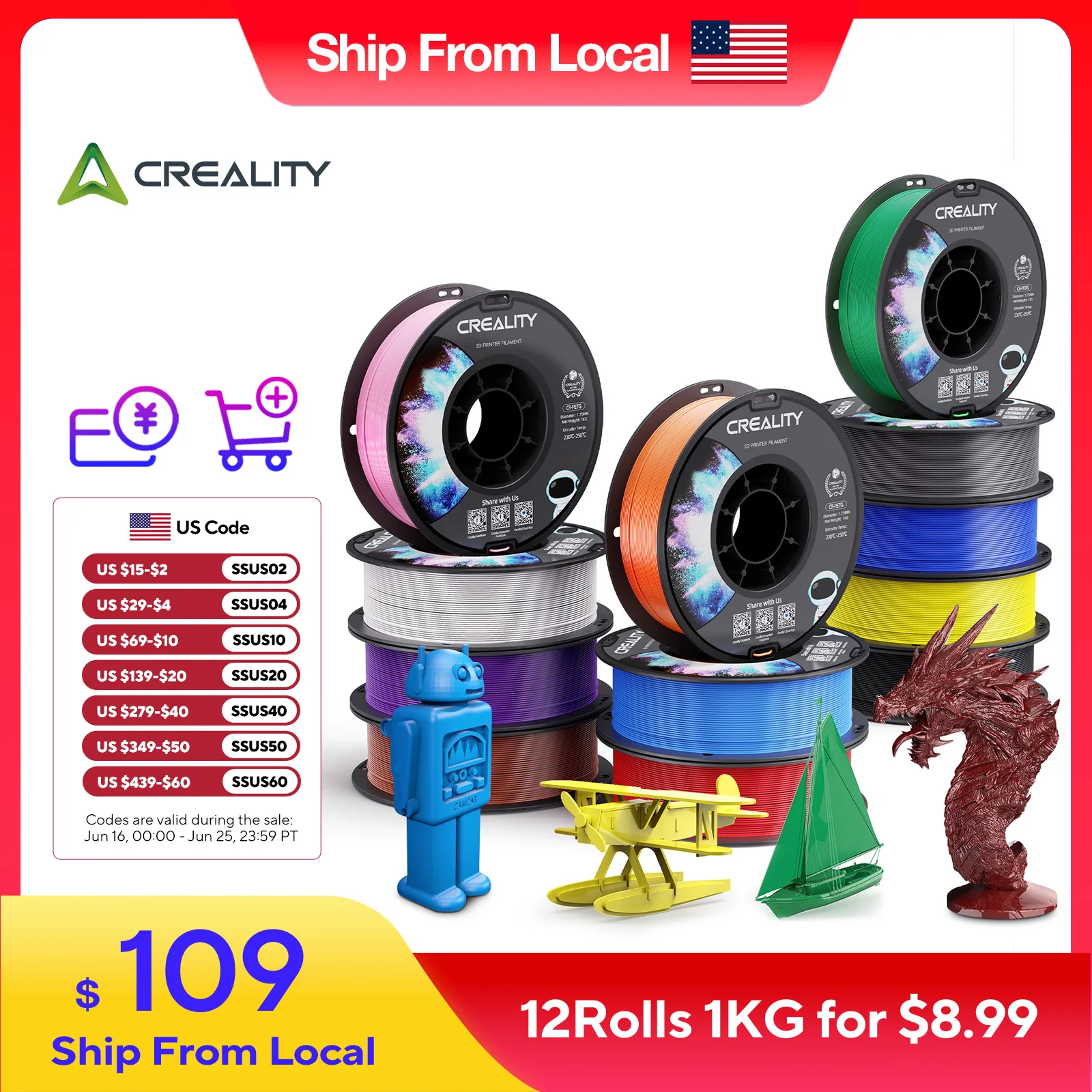 Filamento per stampante 3D Creality PETG 1,75 mm 12 rotoli 1 kg/rotolo Filamenti per stampa lucidi Materiali per stampante 3D ad alta temperatura