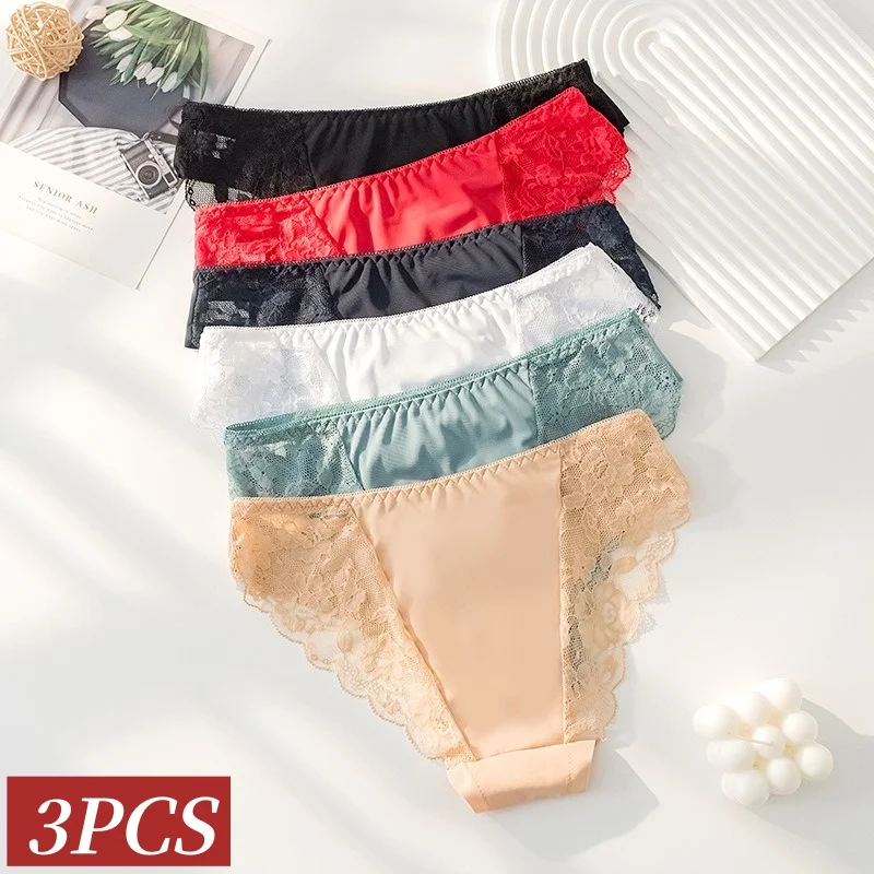 3-teiliges Set Patchwork-Spitzen-Slips Damen Sexy Unterwäsche Niedrige Taille Höschen Weibliche Sexy Dessous Weich Atmungsaktiv Intimwäsche M-XXL
