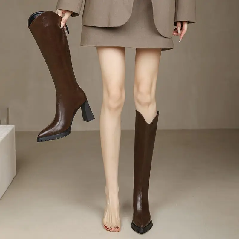 Neuer Stil, elegante Damen-Stiefel mit Absatz, lange Stiefel, High Heels, Leder, braun, Damen-Knieschaft-Schuhe, spitze Zehen, wasserdicht, schicke Stiefel
