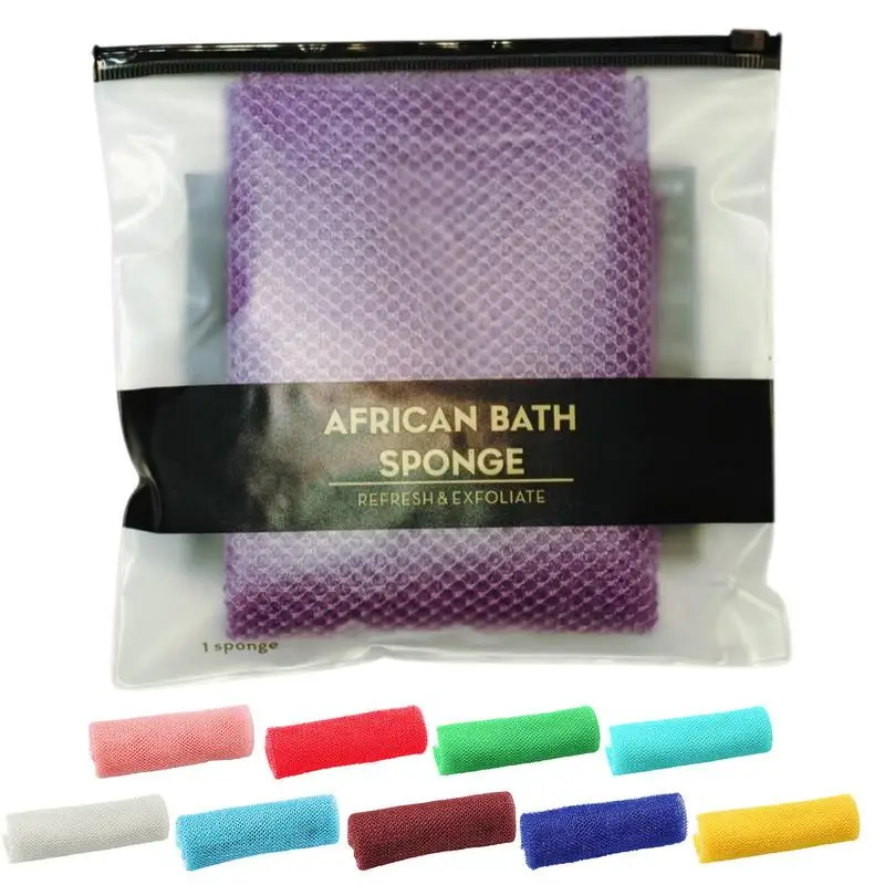 Bunte Badeschwämme für die Dusche, Waschlappen, Körperpeeling, Duschzubehör, lange Netzdusche, Körperwäscher, afrikanisches Schrubben Image