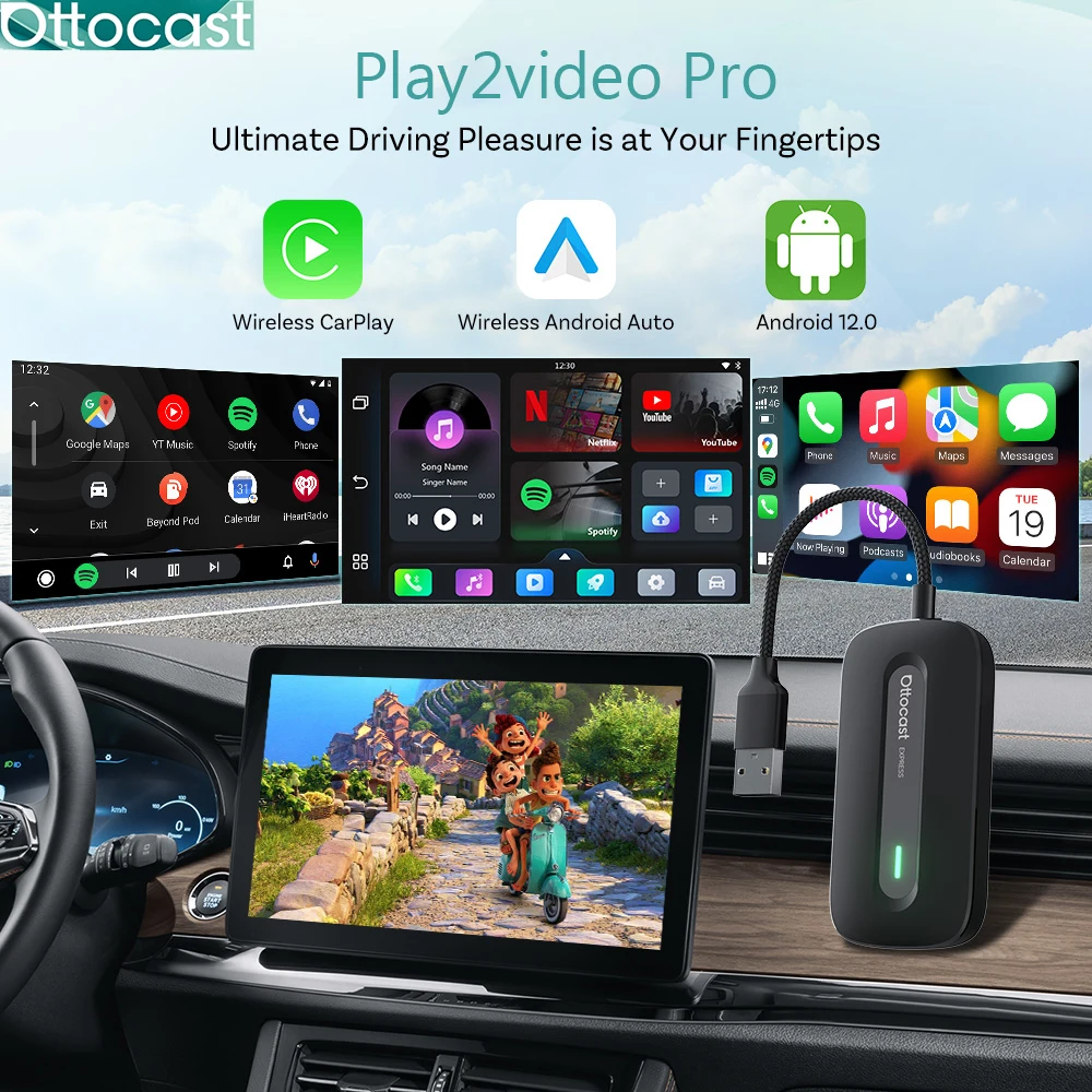 Neuer Ottocast Play2Video Pro Ai BOX Wireless CarPlay Android Auto Adapter mit integrierter Youtube Netflix IPTV Video Box für 98 % Autos Image