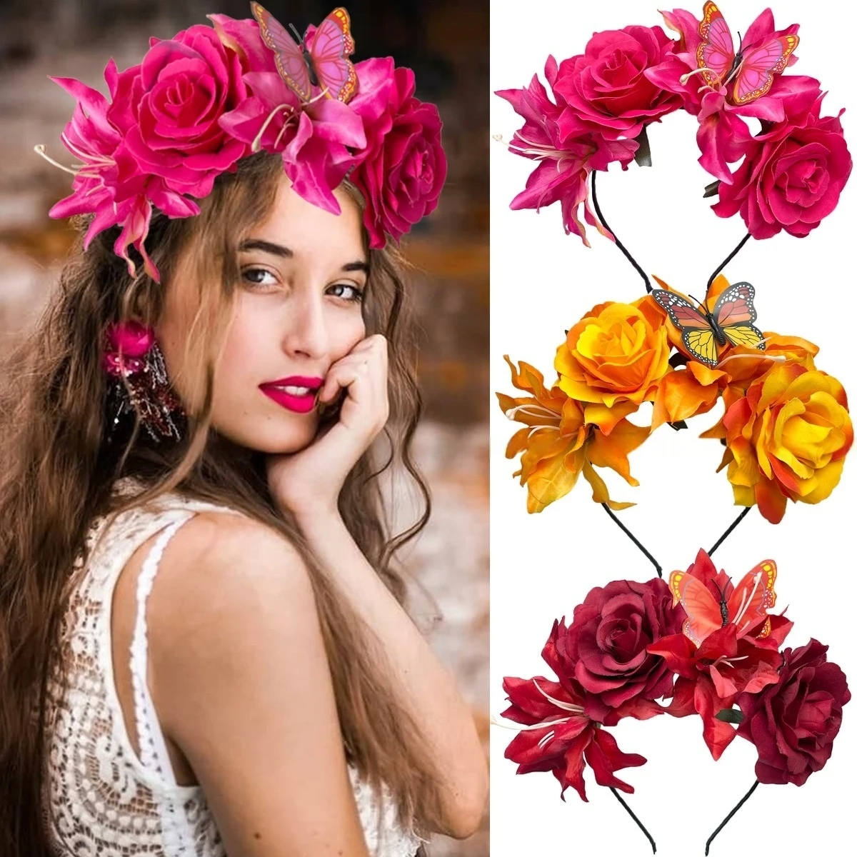 Frauen Künstliche Lilie Haarband Faux Blume Schmetterling Stirnband Künstliche Rose Blume Krone Halloween Party Kopfbedeckungen Zubehör Image