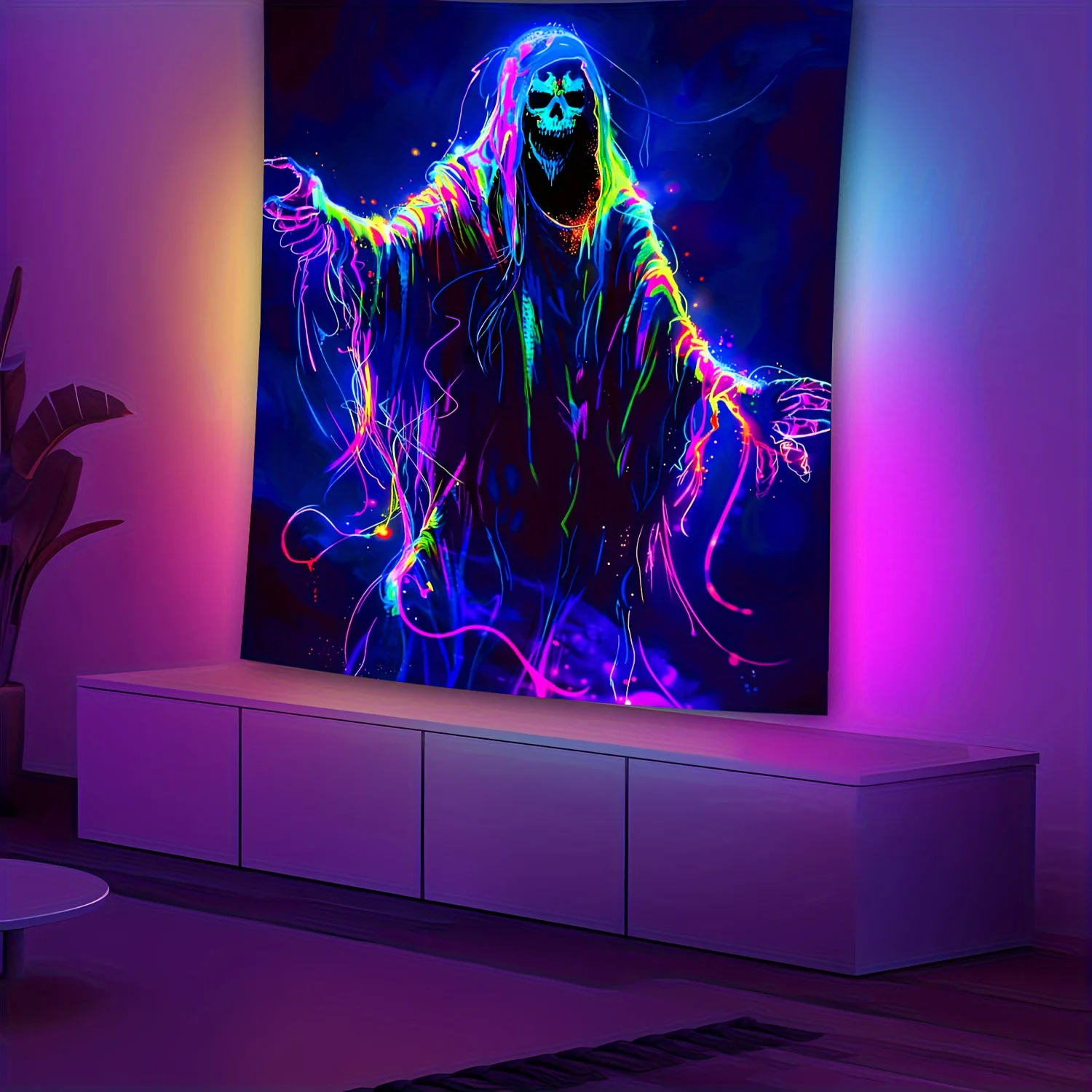 VIKAMA Halloween Cyberpunk Neon Totenkopf Wandteppich Tanzender Totenkopf Esports Gaming Room Musikstudio Trendige Wohnzimmerdekoration Image