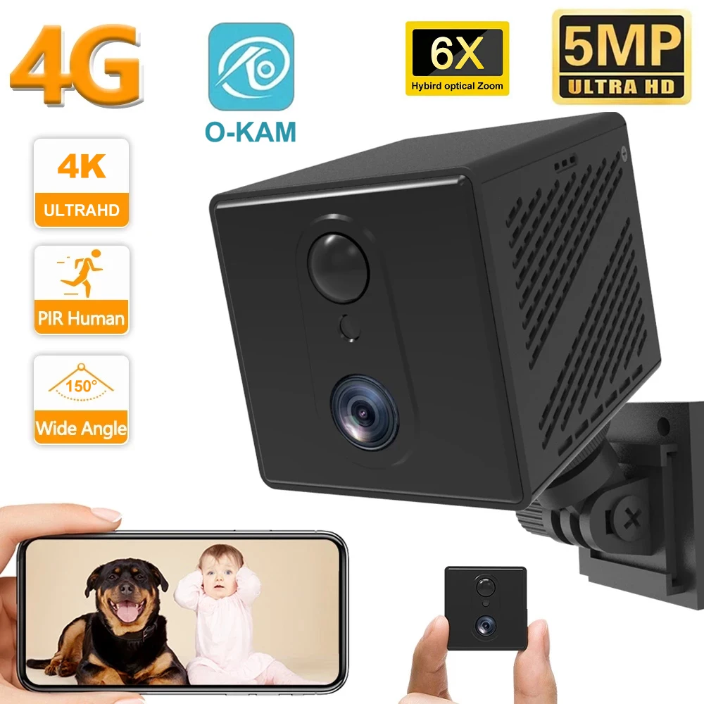 Mini telecamera da 5MP 4G SIM Card Monitoraggio WiFi Telecamera di sicurezza per visione notturna Videocamera di sorveglianza CCTV con rilevamento del movimento domestico intelligente