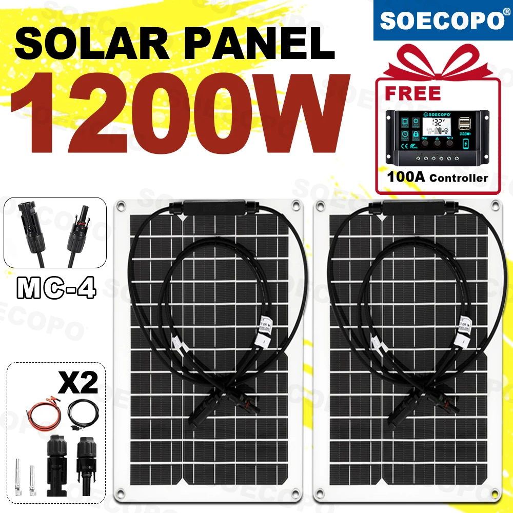 SOECOPO 1200 W tragbares Solarpanel-Set, 2 x Solarmodule (MC-4 12 V – 18 V) für Camping mit kostenlosem 100-A-Controller und USB-5-V-Aufladung Image