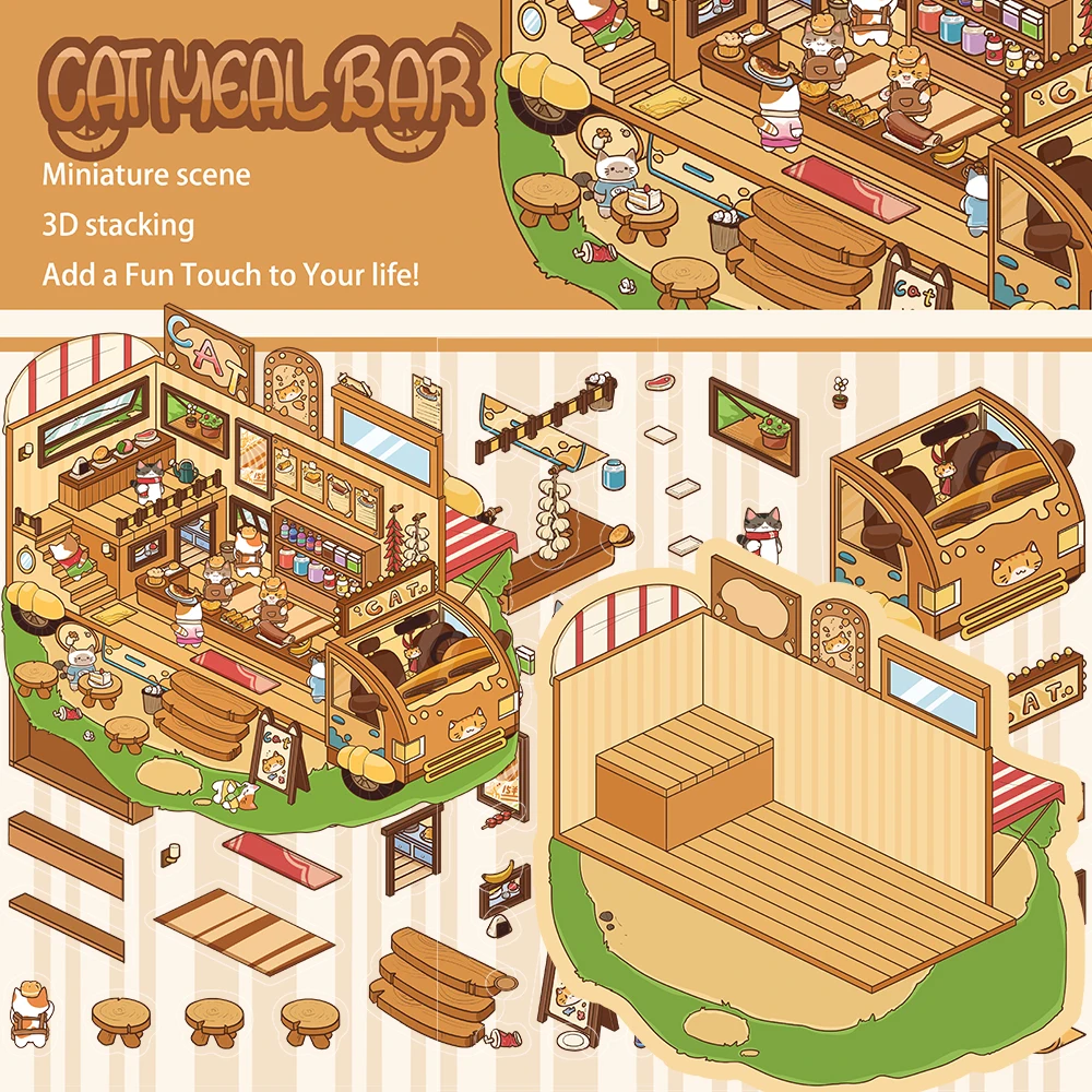 2PCS Katze Mahlzeit Bar Landschaft Aufkleber Vielseitig Hübscher Laptop Gepäck Streetwear Ästhetisches Handbuch Wohnzimmer Aufkleber Aufkleber Image