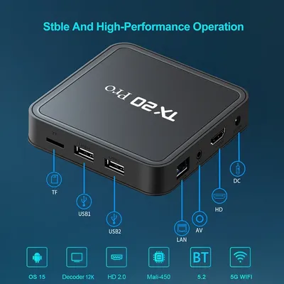 TX20 PRO Android 15.0 Smart TV Box 4K HD Android 15.0 Dual WiFi Media Player Set Top Box WIFI BT5.2 1GB 8GB TV Box Media Player