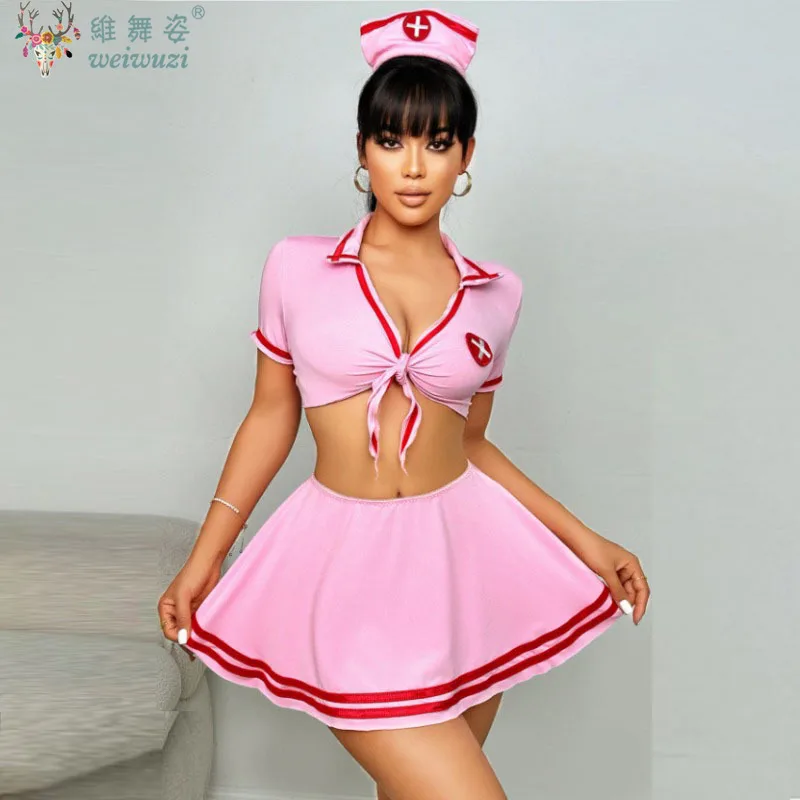 Sexy Tief V Krankenschwester Uniform Rollenspielkostüm Erwachsene Frauen Kurz Kleid Kleid Sets Nachtclubs Sexuelle Themenparty Mode Kostüme Uniformen Versuchung Spaß Party Rollenspielbar Nachtclub Image