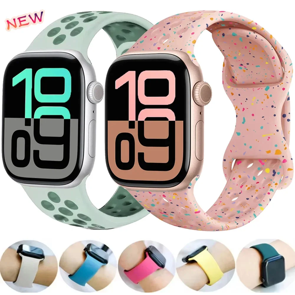 Silikonarmband für Apple Watch 10, 42 mm, 46 mm, Ultra 2, 1, 49 mm, atmungsaktives Sportarmband für Serie 9, 8, 7, 6, 5 SE, 45 mm, 41 mm, 44/40 mm Image