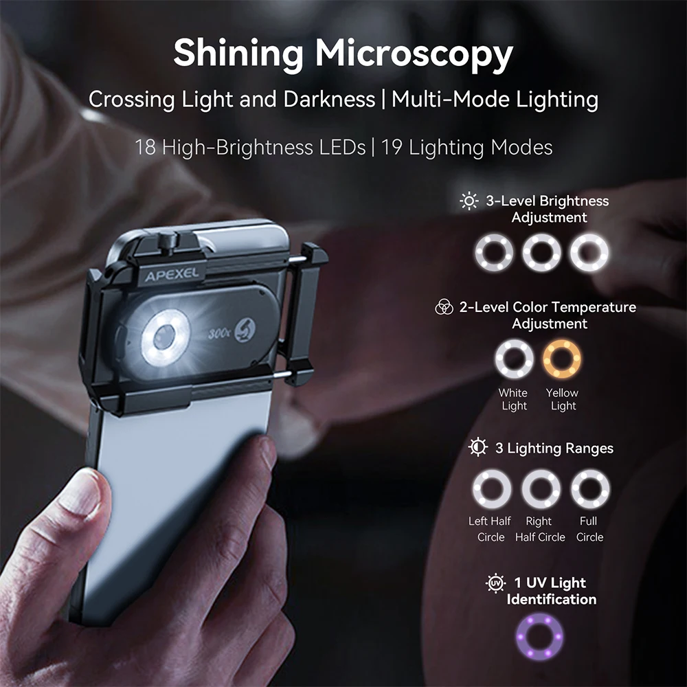 APEXEL Neues Verbessertes 300X Mikroskop-Objektiv Smartphone-Kamera-Objektiv-Set Mini-Makro-Objektive mit LED-Licht für Fast Alle Smartphones