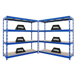 Proregal Mega Deal | 2x Profi Schwerlastregal Rhino | HxBxT 200x200x60cm | 4 Spanplatten-Ebenen 16mm | Fachlast 500kg | Blau Image
