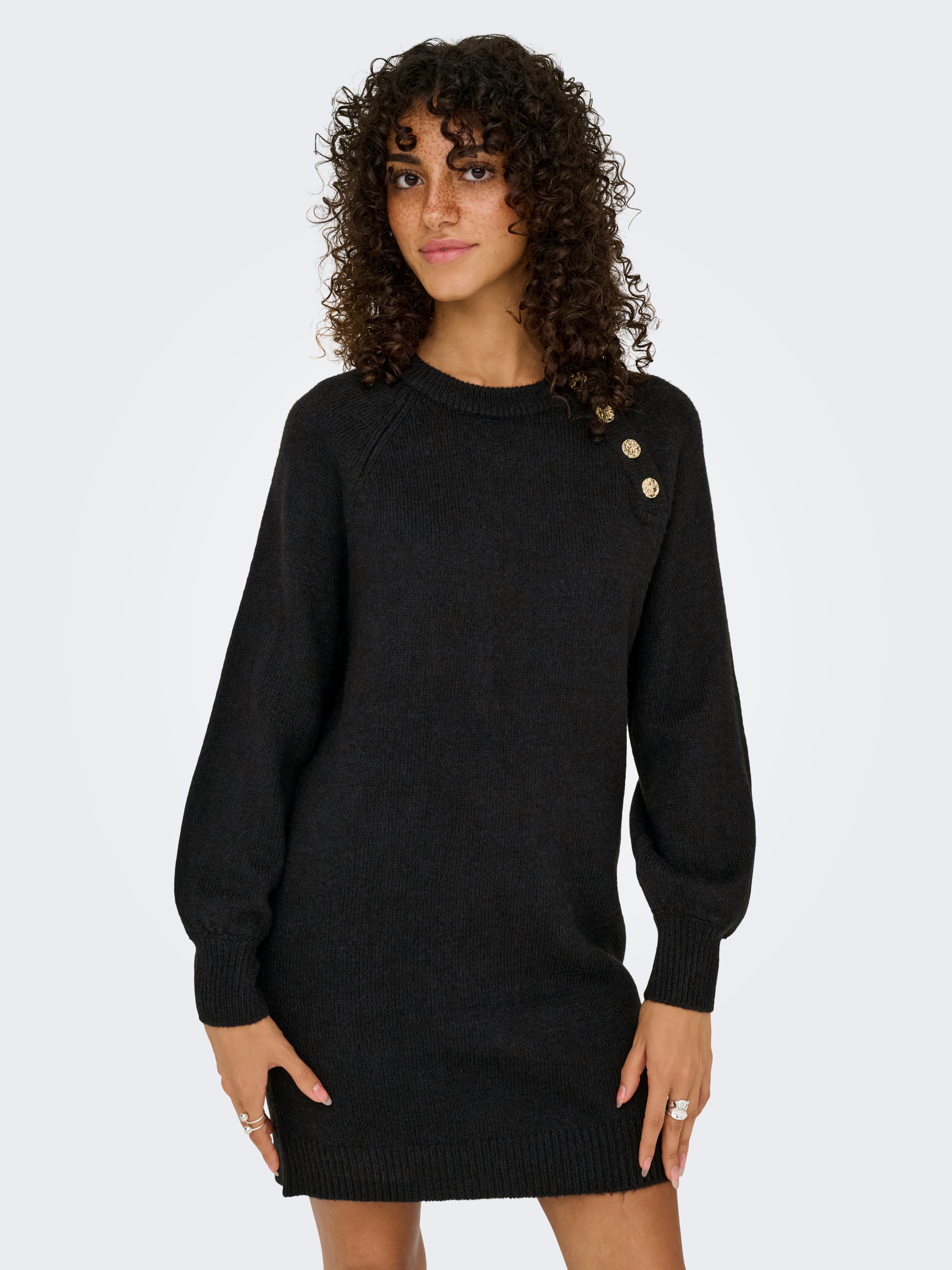 Midikleid ONLY "ONLEMMA LIFE LS BUTTON ONEC DRESS CC KNT", Damen, Gr. M, N-Gr, schwarz (schwarz detail:gold button), Obermaterial: 50% Polyacryl, 50% Polyester, unifarben, regular fit, Rundhals, Rippbündchen, Kleider Midikleid, Sommerkleid