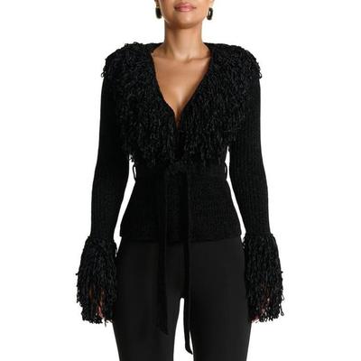 Fringe Tie Waist Chenille Cardigan - Black - Naked Wardrobe Knitwear