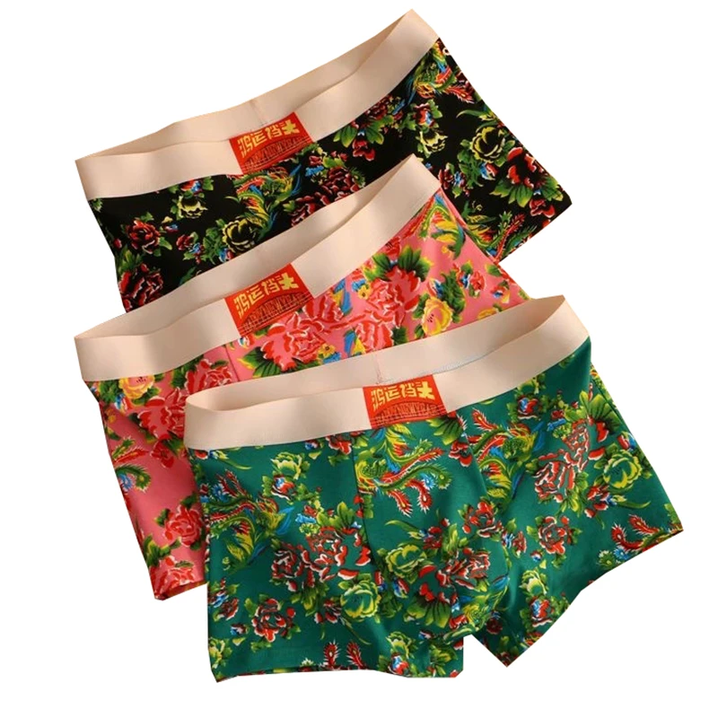 3PCS Mode Trend Nordosten Große Blume Gedruckt männer Unterwäsche Atmungsaktive Bequeme Antibakterielle Boxer Shorts ﻿ Image