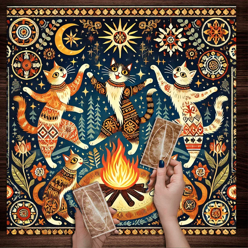 VIKAMA Wunderschönes quadratisches Altartuch im Fantasy-Bohemien-Stil, magischer Tanz, Katze, Blume, Sternmuster, Tarotkarte, Hexerei, Mystery Pad Image