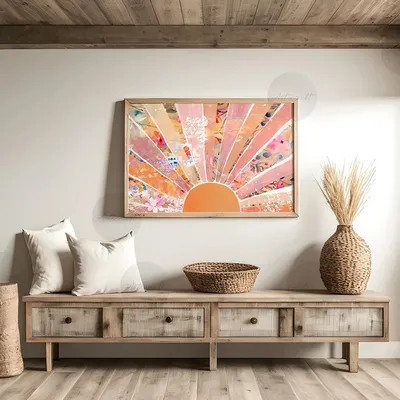 Boho Sun Print, Boho Orange & Blush Sun, Watercolor Printable Floral Sun, Abstract Sunrise Wall Art Decor, Midcentury Modern Art