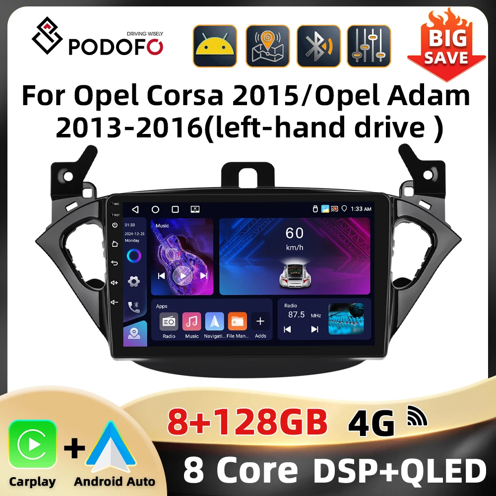 Podofo 2Din 8+128G Car Radio For Opel Corsa 2015/Opel Adam 2013-2016 Multimedia Player AI Voice Carplay Android Auto BT GPS WIFI Image
