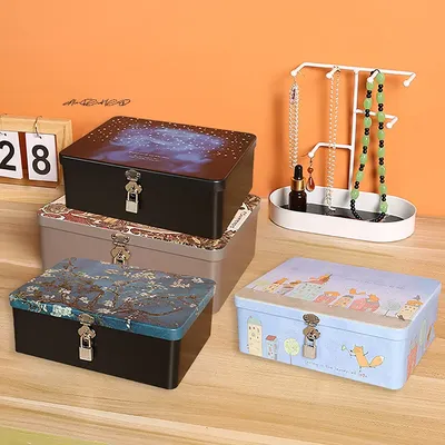 Vintage Large Capacity Metal Tinplate Storage Box with Lock And Key Desktop Jewelry Case Empty Box for Organization