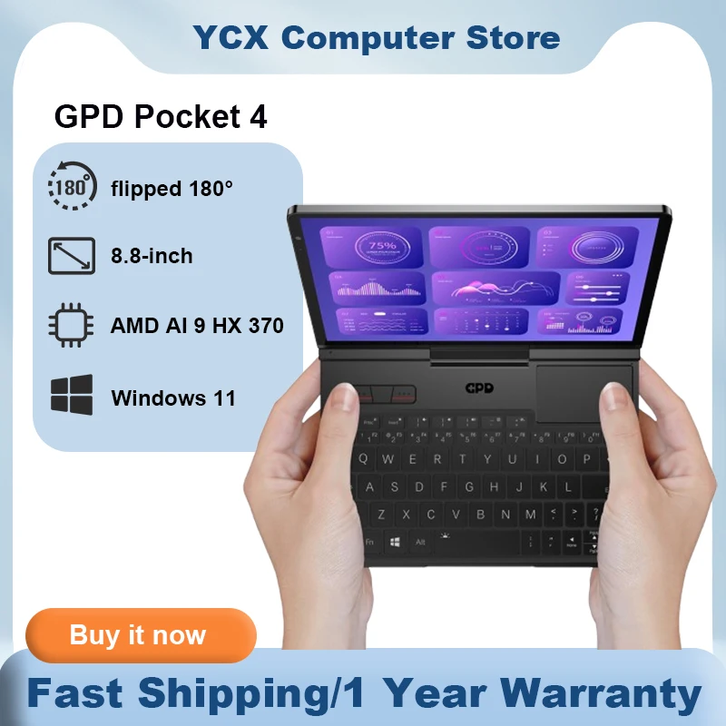 GPD Pocket 4 Mini ordinateur portable 8,8 pouces AMD AI 9 HX 370 64 Go de RAM Mini PC portable 2 To NVMe retourné 180 ° ordinateur portable d