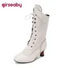 Girseaby 2024 Neue Damen-Stiefel mit mittlerer Wade, runder Zehenbereich, Ausschnitt, Mesh, Schnürung, seltsame Absätze, 5,5 cm, große Größe, 48, 49 50, Vintage-Dating-Bota