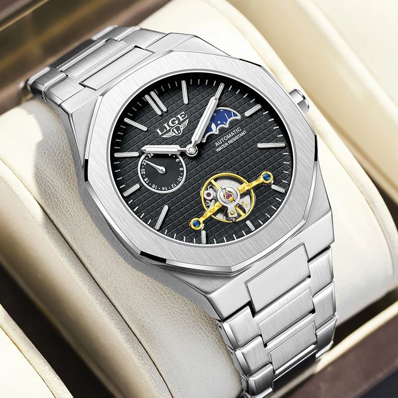 LIGE Neue Automatische Uhren Für Männer Outdoor Sport Wasserdicht 24 Stunden Mondphase Uhr Männer Luxus männer Mechanische Armbanduhr Image