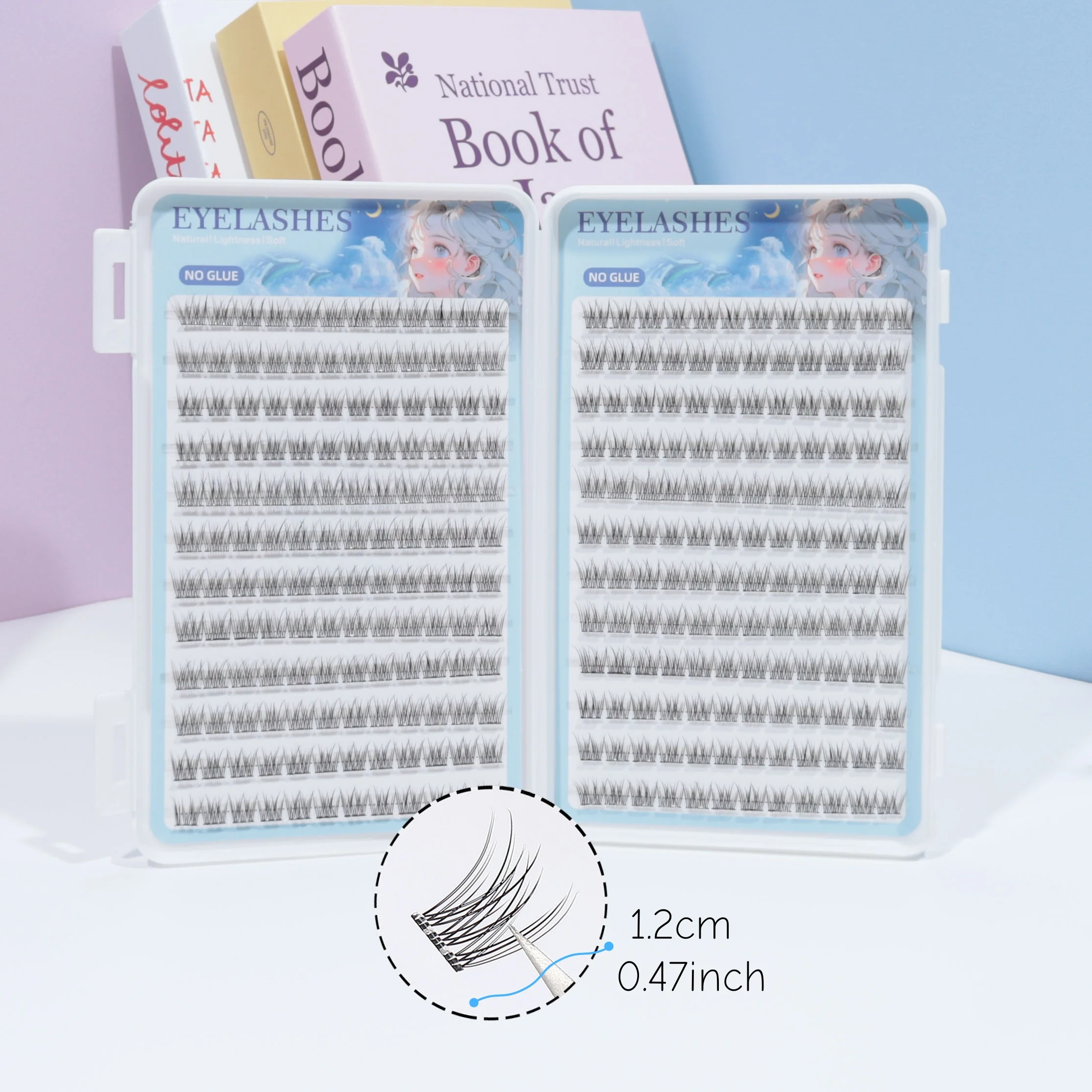 Nicht klebendes Wimpernbuch mit 288 Clustern aus selbstklebenden falschen Wimpern – C gekräuselt, 12 mm Fischschwanz-Design, natürliches Kreuz Image