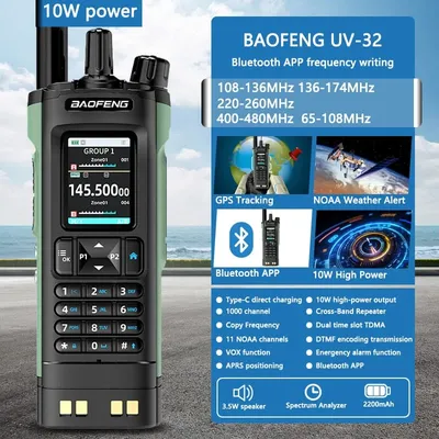 BAOFENG UV-32 10W Dual Band Ham Radio, GPS Walkie Talkie with Bluetooth, APP Programming, Wireless Copy, Type-C 2-Way Radio