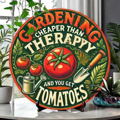 1pc Vintage Aluminum Garden Quote Sign - "Gardening is Cheaper Than Counseling and You Get Tomatoes" - Round Wall Hanging Plaque